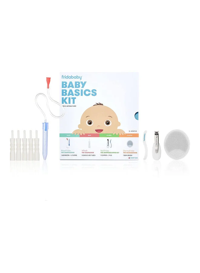 فريدا بيبي Baby Basics Kit | Made in Sweden | Newborn Care Set with NoseFrida Nasal Aspirator, Windi GasPasser, NailFrida Clipper, DermaFrida SkinSoother & Carry Case